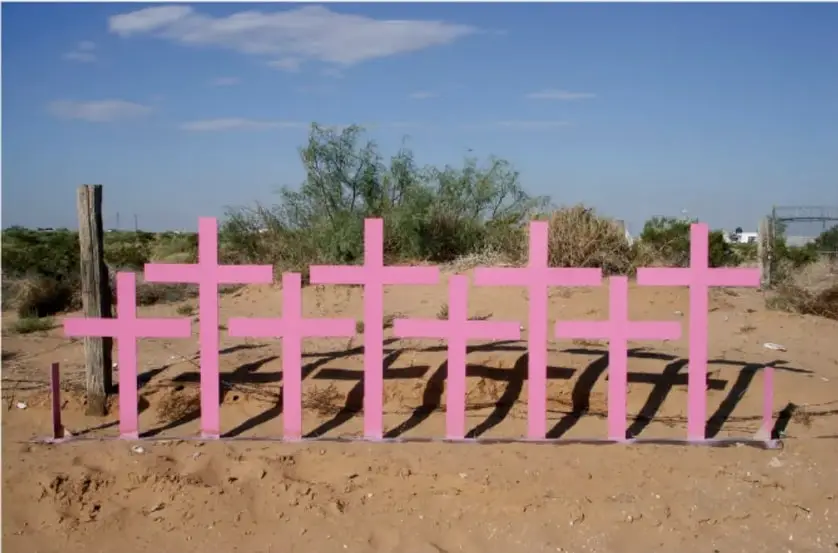 Fotografía de cruces rosas instaladas en un terreno desierto y arenoso bajo un cielo azul, símbolo conmemorativo de víctimas de feminicidio; pie de foto sobre iconoclasia feminista como arte activista.