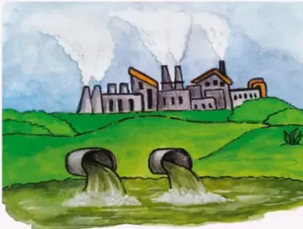 Fábrica con chimeneas humeando y tuberías descargando residuos al ambiente, representando la acción humana sobre los ecosistemas. Crédito: Mariana Guzmán García, Estado de México.