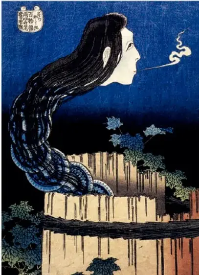 Ilustración de estilo japonés (ukiyo-e) que muestra el rostro de una mujer de cabello largo y negro, del cual emerge un dragón o serpiente; al fondo, un paisaje nocturno con arquitectura tradicional.