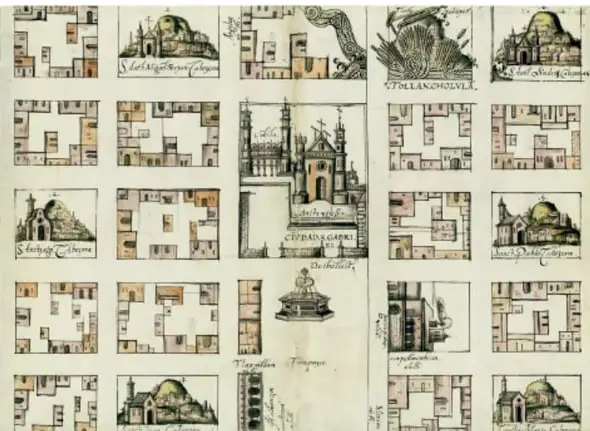 Códice de hojas: cuadrícula de planos o mapas de comunidades con iglesias, casas y glifos topónimos en tinta y color.