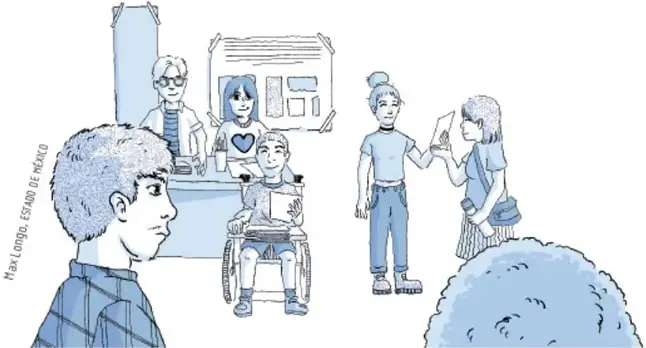 Ilustración de estudiantes colaborando: uno en silla de ruedas, otros de pie conversando y revisando un dispositivo, frente a un cartel o pizarrón, representando el trabajo comunitario inclusivo.