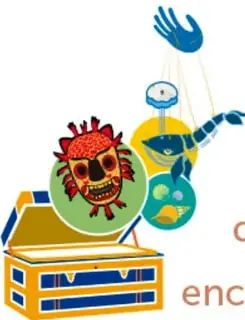 Ilustración de un baúl abierto de color amarillo con franjas azules, del que salen una mano azul, una calavera decorada, un ojo y otros elementos coloridos, acompañando el texto sobre el baúl del arte.