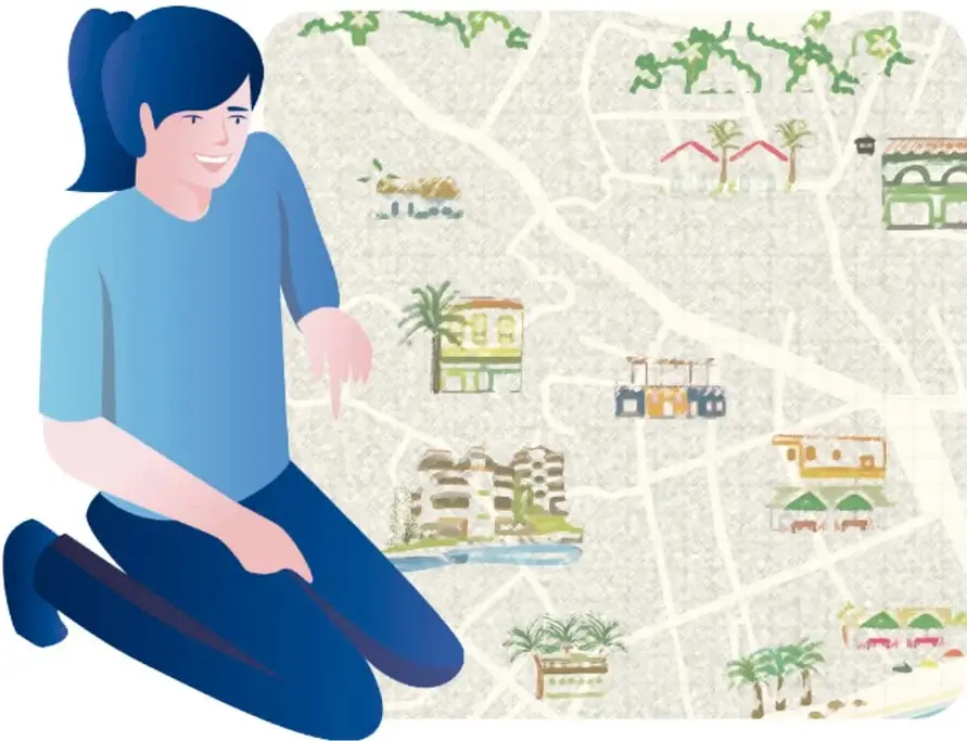 Croquis con calles, casas, comercios, parques, palmeras y una zona de agua; una niña lo señala con el dedo.