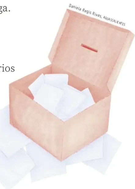 Ilustración de un buzón abierto con boletas de papel blancas dentro y alrededor (estilo ilustración de Daniela Regis Rivas, Aguascalientes).