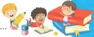 Ilustración de tres estudiantes realizando actividades escolares.