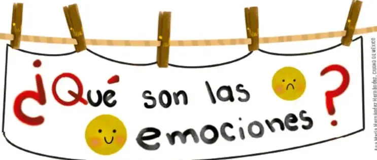 Ilustración de un tendedero con pinzas que sostiene un cartel con la frase '¿Qué son las emociones?' y caritas sonriente y triste.
