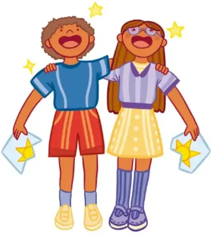 Ilustración de un niño y una niña abrazándose y riendo, con estrellas alrededor, firma de la alumna Naomi Graciela Cruz García, Baja California.
