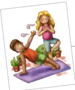 Ilustración de dos niñas practicando yoga o estiramientos sobre una colchoneta, junto a macetas con plantas; representa una expresión calmada y respetuosa de emociones.