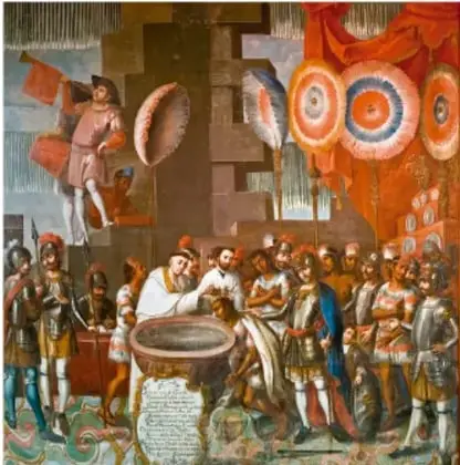 Pintura colonial que representa una escena de encuentro entre españoles e indígenas, posiblemente una ceremonia o mercado.