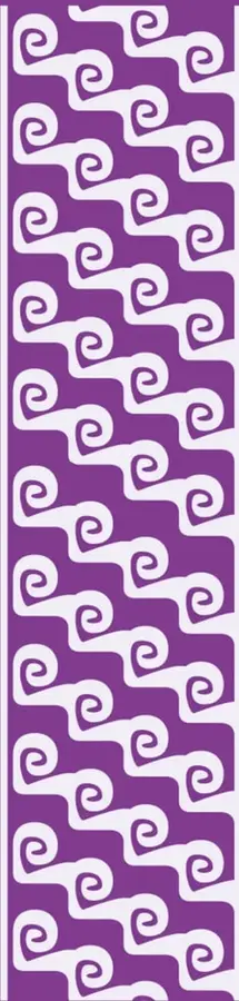Patrón decorativo morado con espirales blancas estilo greca prehispánica, propio del diseño de la colección.