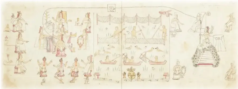 Fragmento de códice pictográfico con figuras humanas sentadas y de pie, personas en canoas entre canales y estructuras arquitectónicas, en tonos sepia y rojo.