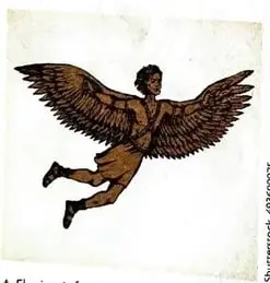 Ilustración de Ícaro volando con alas, personaje de un mito griego relacionado con el deseo de volar.