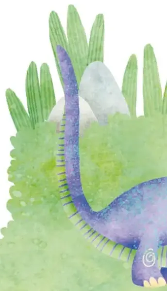 Ilustración de otro dinosaurio similar a Cuellito, de color morado, asomándose entre el pasto y las plantas.