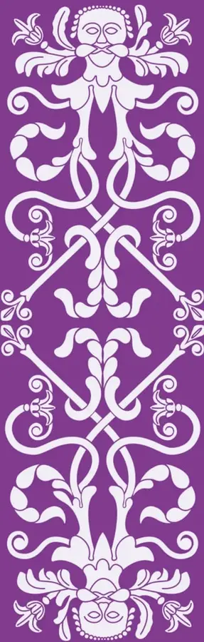 Ilustración decorativa vertical en color morado con motivos florales y figuras simétricas, al estilo de un bordado o arte popular mexicano.