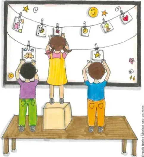 Ilustración de tres niños y niñas sobre una mesa colocando dibujos y fotografías en un tendedero o mural, como parte del montaje de un collage.