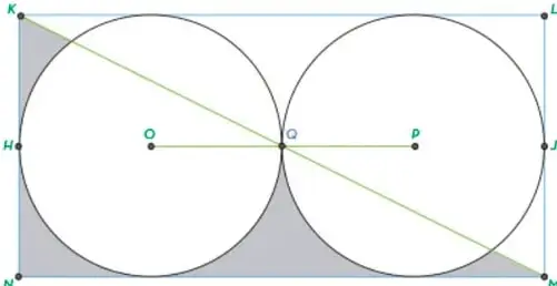 Figura geométrica compuesta por un rectángulo KNML con dos círculos iguales inscritos, tangentes en el punto Q. Se muestra la diagonal KM y las regiones sombreadas entre los círculos y el rectángulo.