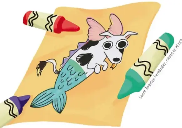 Dibujo de un animal fantástico: cabeza de perro, orejas y alas rosadas, cuerpo de vaca con manchas y cola de pez azul, sobre una hoja amarilla con crayones rojo, verde y morado alrededor.