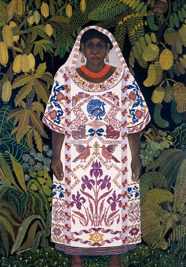 Pintura de una mujer indígena de pie, con huipil blanco bordado con motivos florales, aves y figuras geométricas en azul, rojo y morado; porta un tocado blanco y collar rojo. Está rodeada de vegetación exuberante con hojas y mazorcas de cacao. La obra está firmada por 'ROSARIO GARCÍA'.