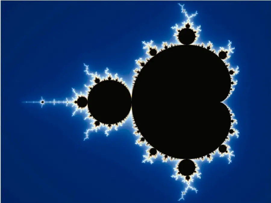 Imagen del conjunto de Mandelbrot: gran figura negra en forma de corazón con círculos satélite y bordes en espiral azul eléctrico sobre fondo azul.