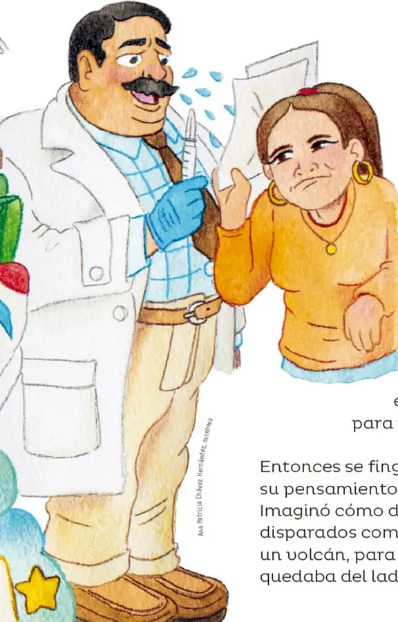 Ilustración del doctor: hombre robusto, de bigote, bata blanca, guantes azules y jeringa en la mano; saliva saliendo de su boca al hablar.