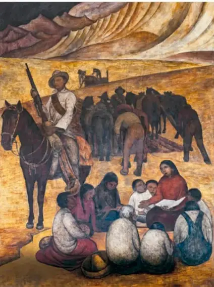 Pintura mural que representa a un grupo de campesinos y un jinete con sombrero, en un paisaje rural, alusiva a la Revolución Mexicana.