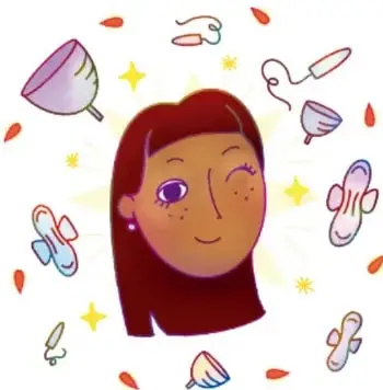 Ilustración de una joven con productos de higiene menstrual alrededor (copa menstrual, toallas sanitarias, tampones), de Karina Eréndira Pérez Olmos, Michoacán.