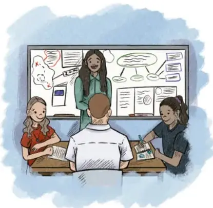 Ilustración de un foro en el aula: una docente frente a un pizarrón con esquemas y notas, y cuatro estudiantes sentados alrededor de una mesa conversando y tomando notas. Crédito: Irán Martínez Suárez, Ciudad de México.