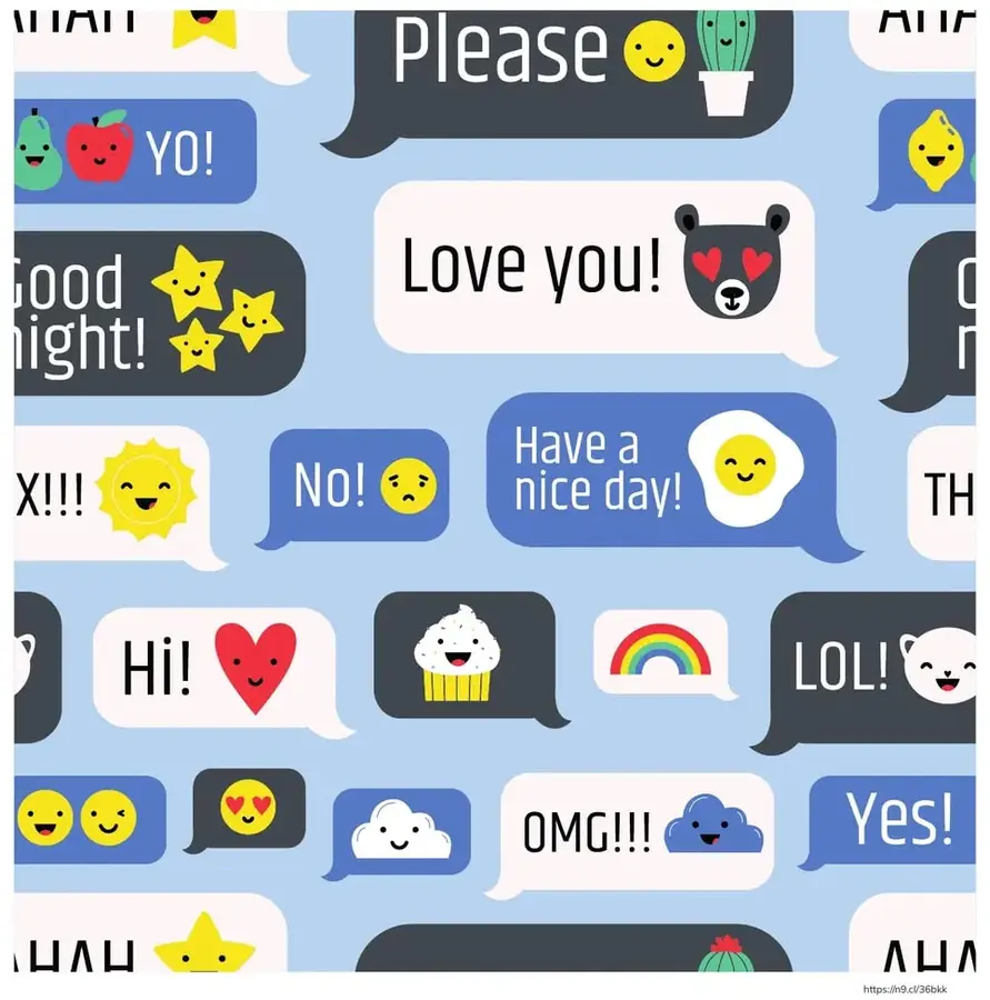 Patrón de globos de diálogo de stickers con frases en inglés (Please, Love you!, No!, Have a nice day!, Hi!, LOL!, OMG!!!, Yes!, Good night!) y figuras pequeñas (caritas, oso, pera, manzana, cactus, huevo frito, nube, corazón, estrellas).