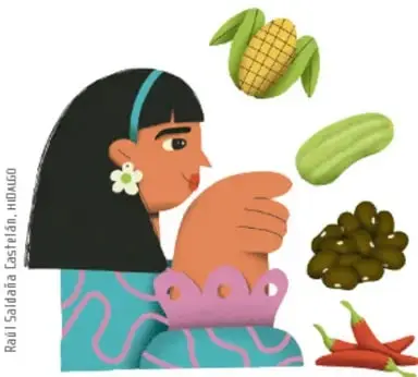 Niña con flores en el pelo rodeada de un elote, una calabacita, quelites y chiles secos.