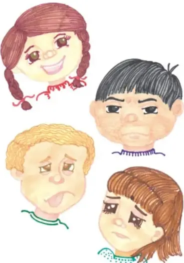 Ilustración de cuatro rostros de niños con expresiones de alegría, tristeza, disgusto y asombro (crédito: Nohemí Santibáñez López, Ciudad de México).