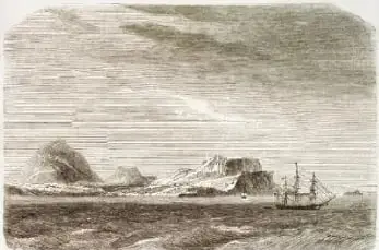 Ilustración histórica de una escena de navegación; el pie de imagen explica que la navegación permitió a los ciudadanos de la Costa interactuar con personas extranjeras.