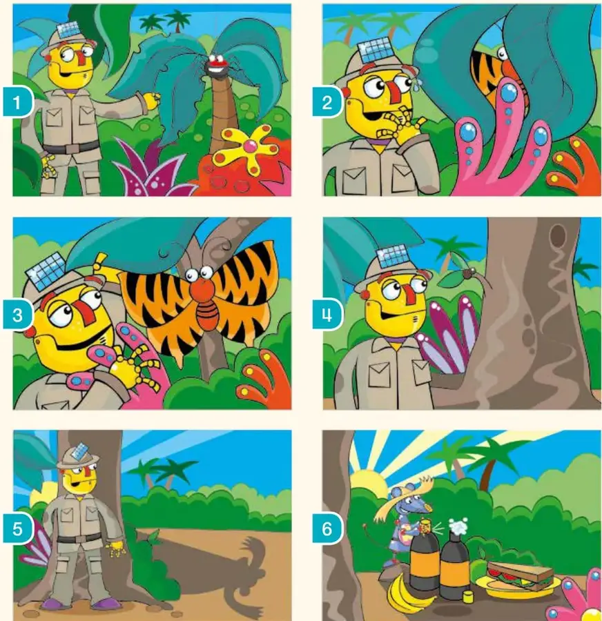 Beep mira un tigre detrás de unas hojas verdes.