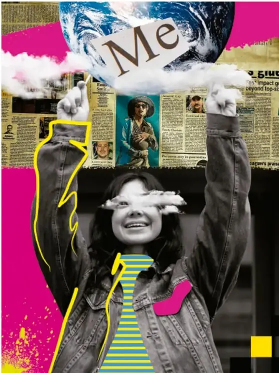 Collage artístico: una adolescente sonriente con los brazos en alto levanta la palabra 'Me' sobre un planeta Tierra; fondo de recortes de periódico, nubes que cubren sus ojos, y formas geométricas en magenta y amarillo que enmarcan la figura.