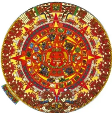 Piedra del Sol o calendario mexica circular con múltiples anillos de símbolos y colores rojos, dorados y verdes.