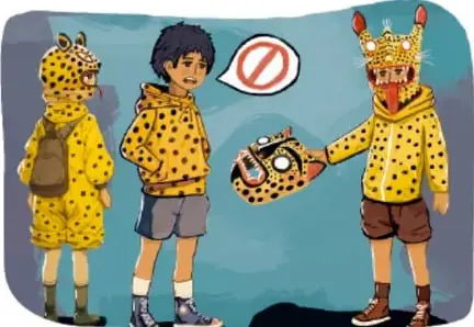 Ilustración de tres niños con trajes inspirados en el jaguar y un letrero de prohibido, en un entorno comunitario.