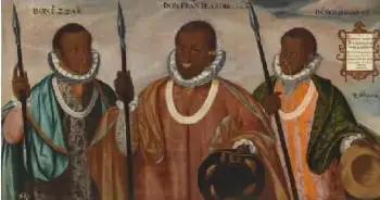 Pintura Los tres mulatos de Esmeraldas, de Andrés Sánchez Galque, realizada en 1599. Representa a mulatos de Esmeraldas con vestimentas asociadas a caciques indígenas.