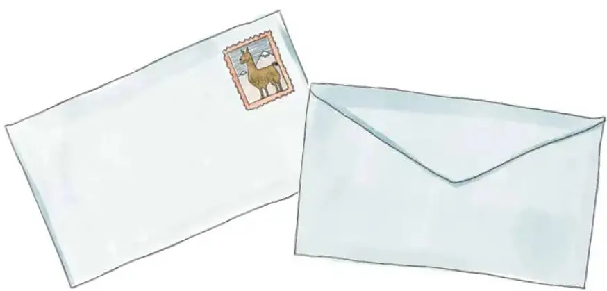 Dos sobres de carta; el de la izquierda lleva una estampilla con la figura de una llama.