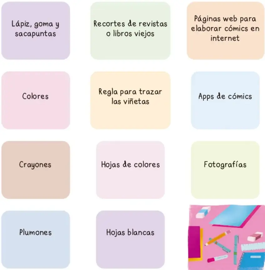 Once recuadros de colores con la lista de materiales: lápiz, goma y sacapuntas; recortes de revistas o libros viejos; páginas web para elaborar cómics en internet; colores; regla para trazar las viñetas; apps de cómics; crayones; hojas de colores; fotografías; plumones; hojas blancas.