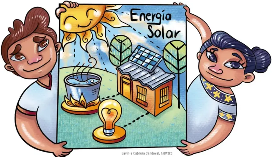 Dos estudiantes sostienen un cartel titulado "Energía Solar" con un Sol sonriente, un calentador de agua, una casa con paneles solares y un foco encendido. Crédito: Lavinia Cabrera Sandoval, TABASCO.