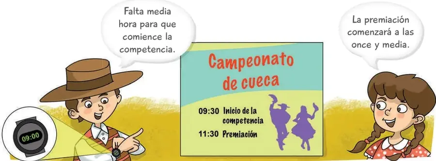 Felipe, con sombrero huaso, muestra su reloj digital que marca 09:00 y dice: «Falta media hora para que comience la competencia».