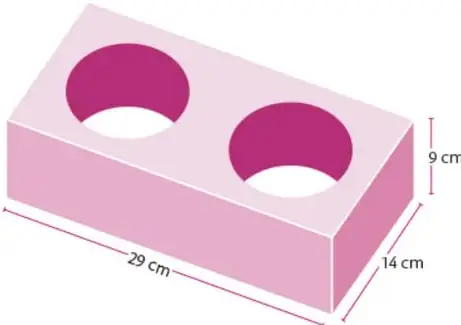 Ladrillo estructural rosa con dos aberturas cilíndricas; se indican dimensiones: largo 29 cm, ancho 14 cm y alto 9 cm.