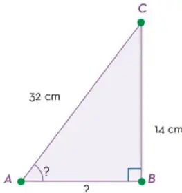Triángulo rectángulo ABC con ángulo recto en B, hipotenusa AC de 32 cm, cateto vertical BC de 14 cm, y marcas de interrogación en el ángulo A y en el lado AB por calcular.