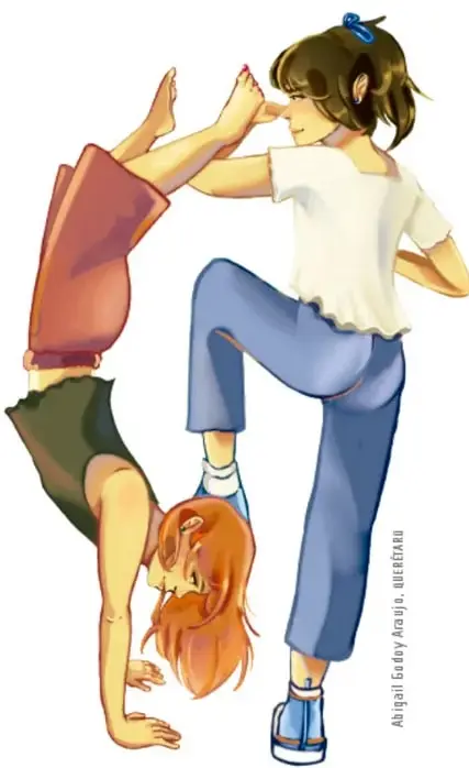 Ilustración de dos niñas practicando expresión corporal: una con las piernas en alto apoyada en la otra, que se sostiene sobre una mano y un pie, mostrando flexibilidad y equilibrio.