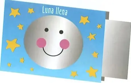 Cartulina azul rotulada Luna llena, con una Luna llena representada como un rostro y un recuadro gris lateral.