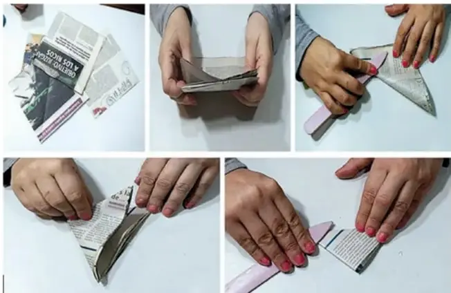 Secuencia de cinco fotografías que muestran manos doblando papel periódico.