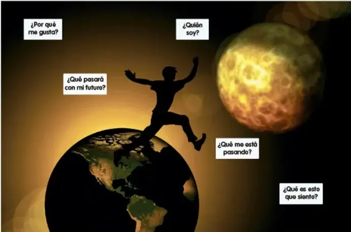 Silueta de un adolescente en salto sobre el planeta Tierra, con la Luna iluminada de fondo; rodeado de globos de diálogo con las preguntas: ¿Por qué me gusta?, ¿Quién soy?, ¿Qué pasará con mi futuro?, ¿Qué me está pasando?, ¿Qué es esto que siento?