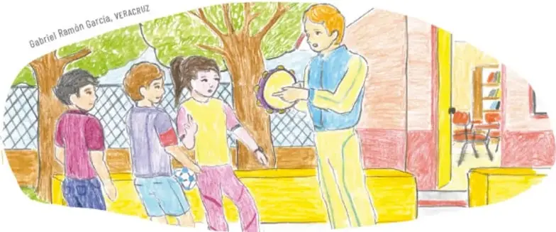 Dibujo a colores de un maestro tocando un pandero mientras tres niños se desplazan en el patio de la escuela, con árboles y un salón de clases al fondo. Crédito: Gabriel Ramón García, Veracruz.