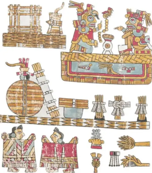 Dos personajes de perfil con tocados y bastones, uno de ellos con el glifo de Viento; representan a 9 Viento y 5 Viento.