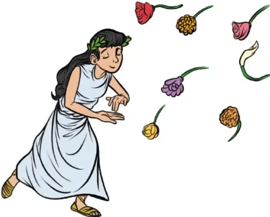 Ilustración de una joven en túnica blanca con coronación de hojas, recogiendo flores que caen; acredita a José Daniel Romero Gutiérrez, Ciudad de México.