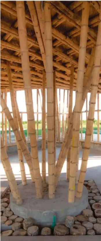 Fotografía de una construcción real con muchas columnas delgadas de bambú que sostienen un techo alto, sobre una base de piedras y concreto.